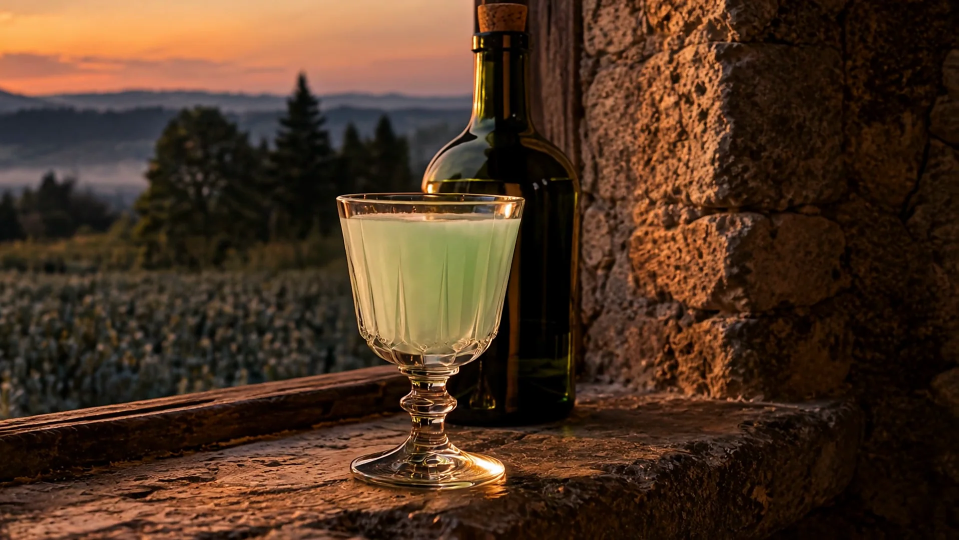 Verre et bouteille d’absinthe sur une fenêtre de pierre, au crépuscule